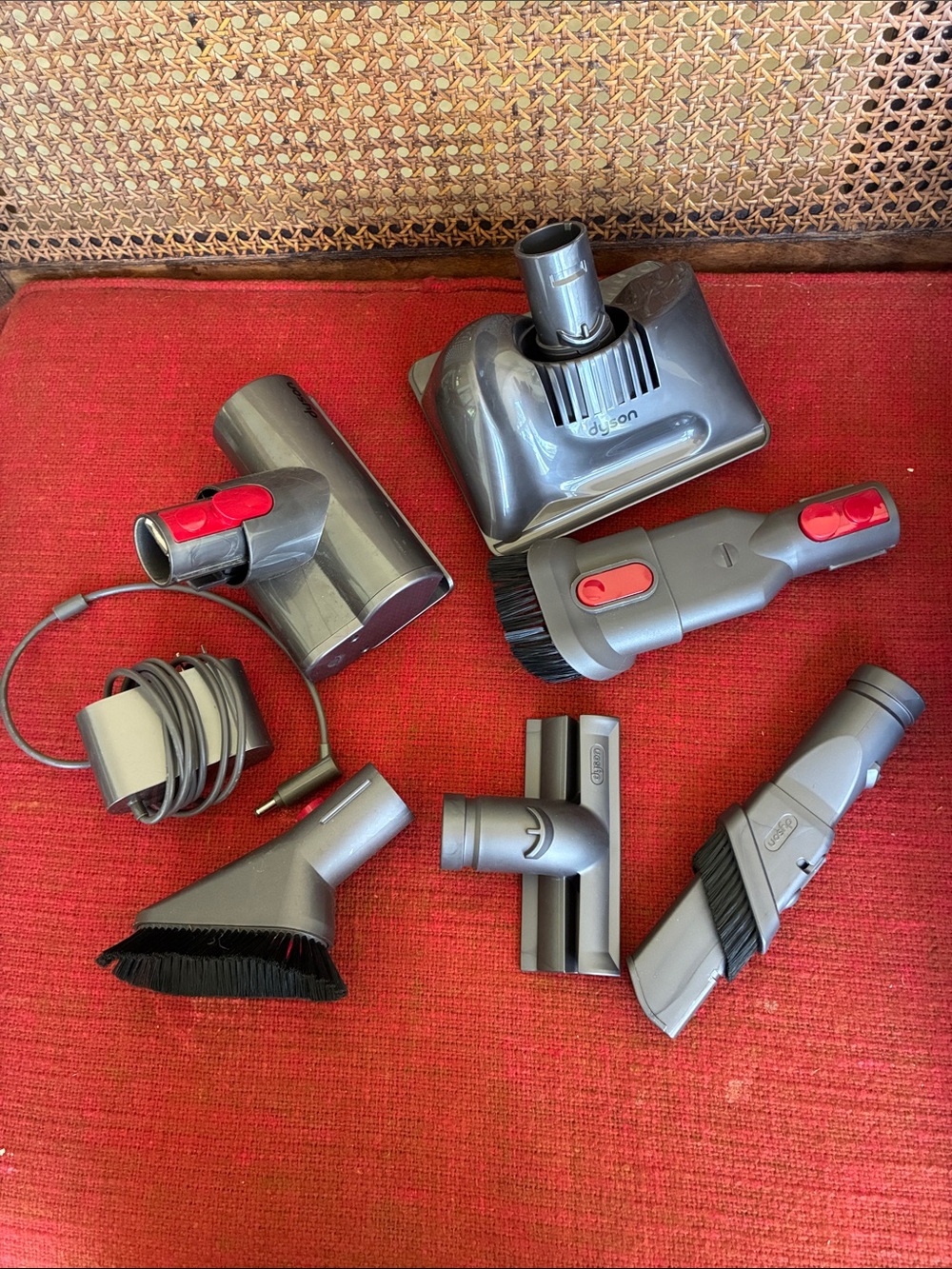 Dyson Gray Vacuum Tool Set with Red Buttons. All shown including cord